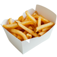 Crispy French fries served in a plain transparent paper box on a clean surface ready for snacking or sharing, French fries in a transparent paper box png