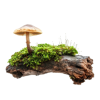 Green moss thriving on a decaying branch with a mushroom growing in isolation, Green moss on rotten branch with mushroom template, isolated transparent background png