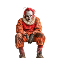 A creepy clown sitting silently on a chair against a stark transparent background, evoking an eerie atmosphere in focus, Scary Clown Sitting on Chair Isolated on transparent background png