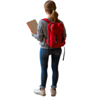 Student holding a book while standing with a red backpack in a learning environment, Student standing and holding a book back view PNG file no background