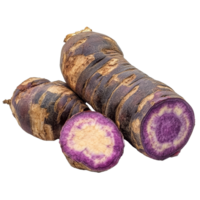 Sweet taro root isolated on transparent background showcasing its distinct purple flesh and textured exterior, sweet taro root isolated on transparent background png