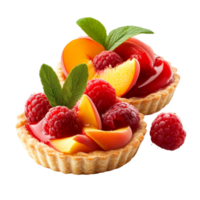 Gourmet tarts filled with strawberries, peaches, raspberries, and a glossy glaze ready for dessert, Gourmet Tarts with Strawberries, Peaches, and Raspberries on transparent background png