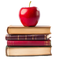 Fresh red apple resting on a stack of vintage books against a transparent background, Red Apple on Stack of Books on transparent background School Learning Concept png