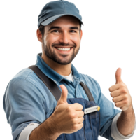 Smiling repairman gives a thumbs up while showcasing his satisfaction in a bright, welcoming workshop setting, Smiling repairman giving a thumbs up png