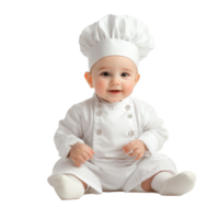 Adorable baby boy dressed in a chef's outfit sitting on a transparent background creating a playful scene, Baby Boy in Chef's Outfit on transparent background png