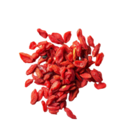 Dried goji berries scattered on a transparent background showcasing their vibrant red color and unique shape, dried goji berries on transparent background png