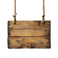 A rustic wooden signboard hanging from rope against a transparent background for decorative or functional purposes, Hanging Wooden Signboard On transparent background png