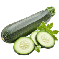 Fresh green zucchini with sliced segments surrounded by vibrant leaves on a transparent background, fresh green zucchini with slice isolated on transparent background png
