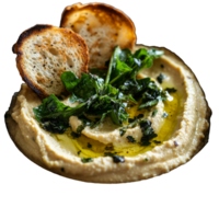 Delicious hummus topped with greens and toasted bread on a rustic table setting, PNG portion of hummus with greens and toasts