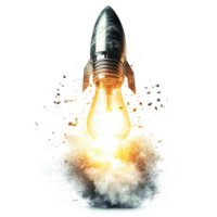 innovador bombilla cohete lanzamiento en contra un limpiar transparente antecedentes exhibiendo creatividad y imaginación, bombilla cohete lanzamiento en transparente antecedentes innovación y puesta en marcha concep png