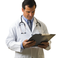 Doctor examining patient records in a medical setting during daytime, PNG file no background Doctor checking patient's medical records