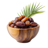 Fresh date palm fruits in a wooden bowl with a palm leaf on a transparent background, date palm in wood bowl isolated on transparent background png