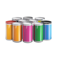 Isolated collection of colorful paint cans arranged with distinct shadows on a transparent background, of paint cans, file of isolated object with shadow on transparent background png