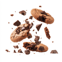 Delicious chocolate cookies breaking apart and falling against a clean transparent background, Falling broken chocolate cookies on transparent background png