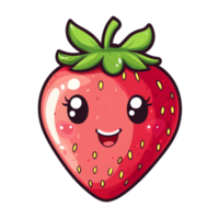 A cheerful kawaii strawberry character with a big smile on a clean transparent background, perfect for brightening up any design, Cute kawaii strawberry fruit on a transparent background png