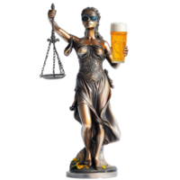 Funny Lady Justice statue holding a beer while wearing sunglasses in a playful display of law and leisure, Funny Lady Justice Statue with Beer and Sunglasses on transparent background png