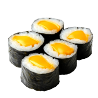Delicious sushi rolls featuring cheddar cheese set against a clean transparent background for a fresh culinary presentation, Isolated portion of sushi rolls with cheddar cheese png