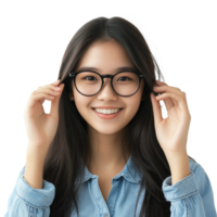 Happy young Asian student girl with glasses standing and smiling in a bright indoor setting, Happy Young Asian student girl with glasses standing over transparent background png