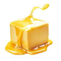 A melting cube of butter on a bright transparent background creates a captivating and rich visual experience, Cube butter melting isolated png