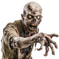 A terrifying zombie with an outstretched arm and chilling features isolated against a plain transparent background, Scary Zombie Portrayed Isolated on transparent background png