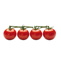 Five ripe red tomatoes lined up neatly, showcasing their glossy skin and vibrant color against a plain transparent background, five tomatoes in a row isolated on transparent background png