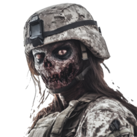 A terrifying military female zombie with decayed features and a haunting expression set against a stark transparent background, scary military female zombie on transparent background png