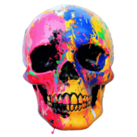 A vibrant skull adorned with colorful splashes of paint against a crisp transparent backdrop for artistic expression, Colorful skull on transparent background. Skull transparent background png