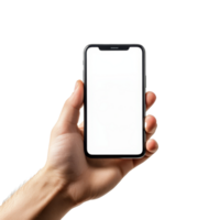 Hand holding a mobile phone mockup with a blank screen against a transparent background for design presentations, Mobile phone mockups, smartphone screen mock up frame in hand isolated on transparent background png