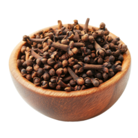 A rustic wooden bowl filled with aromatic cloves spices against a clean transparent background, cloves spices in wood bowl on transparent background png