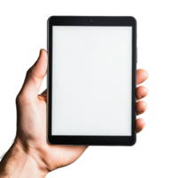 A human hand holds a modern tablet with a blank screen against a neutral background for creative use and design, human hand holding tablet with blank transparent background display png