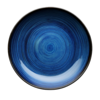 Elegant ceramic blue plate featuring intricate circular patterns isolated on a clean transparent background for decorative display or dining purposes, blue ceramic plate isolated on transparent background png