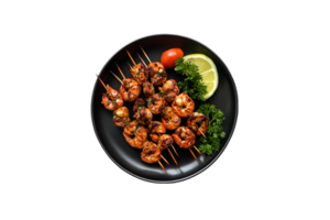 Shrimp skewers with lime and herbs on a transparent background png