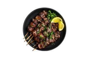 Beef skewers with lemon and sesame seeds on a transparent background png