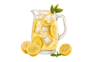 Lemonade pitcher with ice and lemon slices on a transparent background png