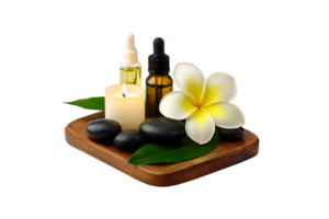 Spa essentials with candles and plumeria flower on a transparent background png