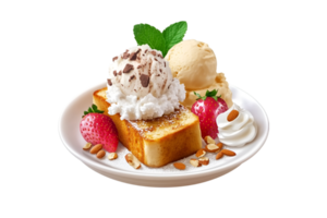 French toast with ice cream and strawberries isolated on a transparent background png
