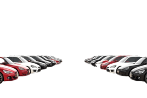 Two rows of parked cars facing each other isolated on a transparent background png