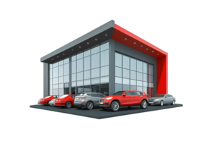 Car dealership building with parked vehicles isolated on a transparent background png