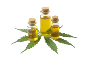 CBD oil bottles with cannabis leaves isolated on a transparent background png