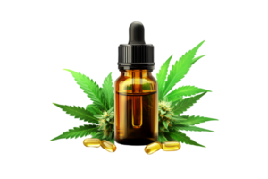 CBD oil bottle with cannabis leaves and capsules isolated on a transparent background png