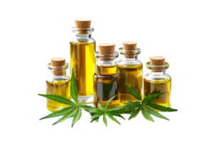CBD oil bottles with cannabis leaves isolated on a transparent background png