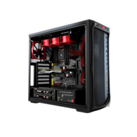 High performance gaming PC tower with open side panel isolated on a transparent background png