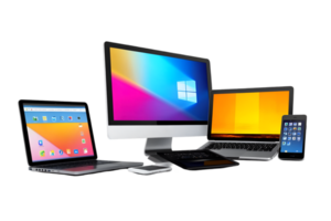 Electronic devices including laptops, desktop, tablet, and smartphone isolated on a transparent background png