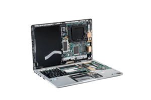 Laptop with open case and exposed motherboard isolated on a transparent background png