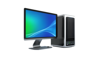 Desktop computer setup with monitor, keyboard, and mouse isolated on a transparent background png