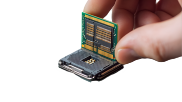 Hand installing a computer processor on a transparent background png