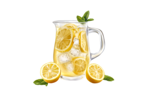 Lemonade pitcher with ice and lemon slices on a transparent background png