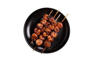Shrimp skewers with lime and herbs on a transparent background png