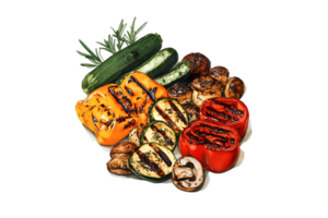 Grilled vegetables with mushrooms and peppers on a transparent background png