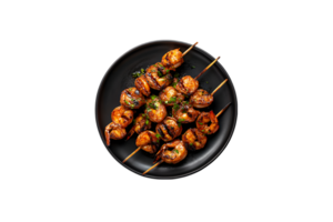 Shrimp skewers with lime and herbs on a transparent background png